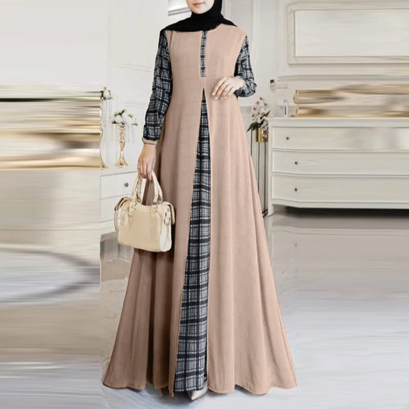 2024 ZANZEA Autumn Long Sleeve Plaid Checked Muslim Sundress Women Patchwork Maxi Dress Robe Femme Eid Mubarek Hijab Vestido
