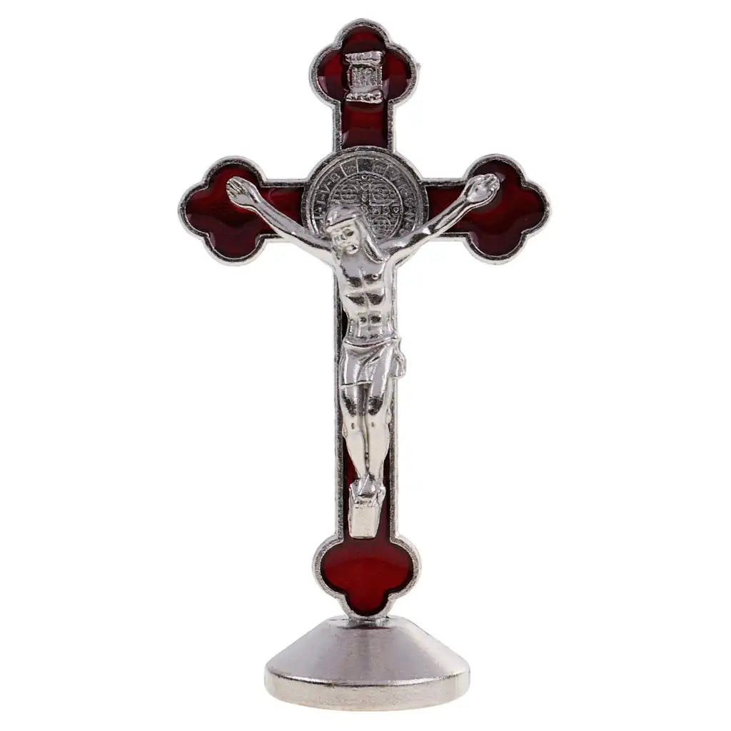 Catholic Crucifix Statue St Benedict Standing Alloy Cross Sculpture for Religious Items Home Decor