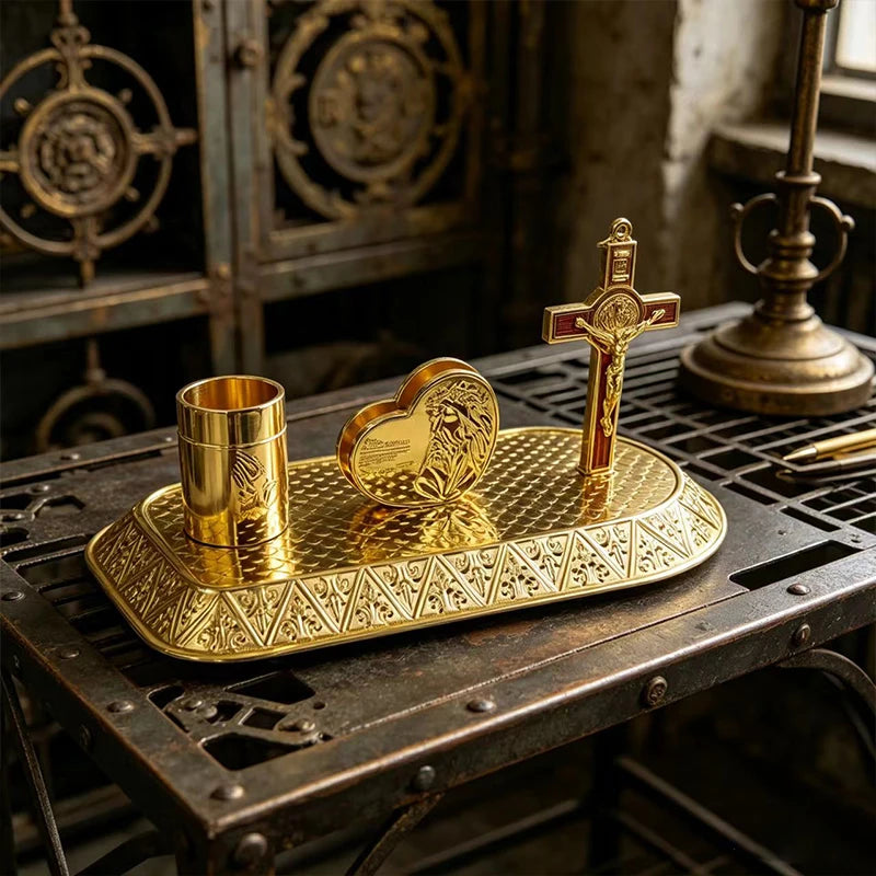 New 2026 Gold Religious Iconography Gift Set with Saint Benedict Crucifix for Home Altar Church Prayer Devotion Christian Decor