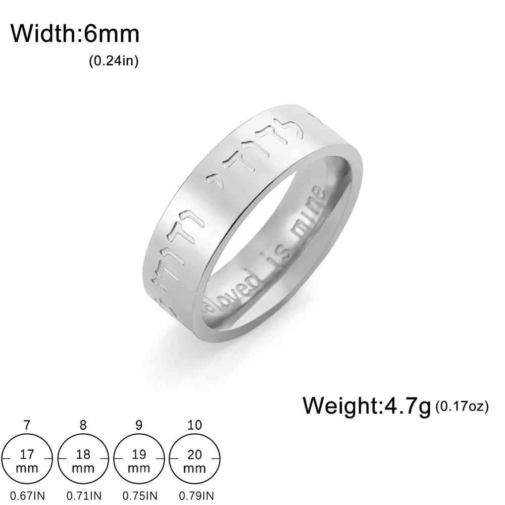 EUEAVAN Jewish Hebrew Blessing Ring Stainless Steel Beloved is Mine Hebrews and English Finger Rings Couple Amulet Jewelry Gifts