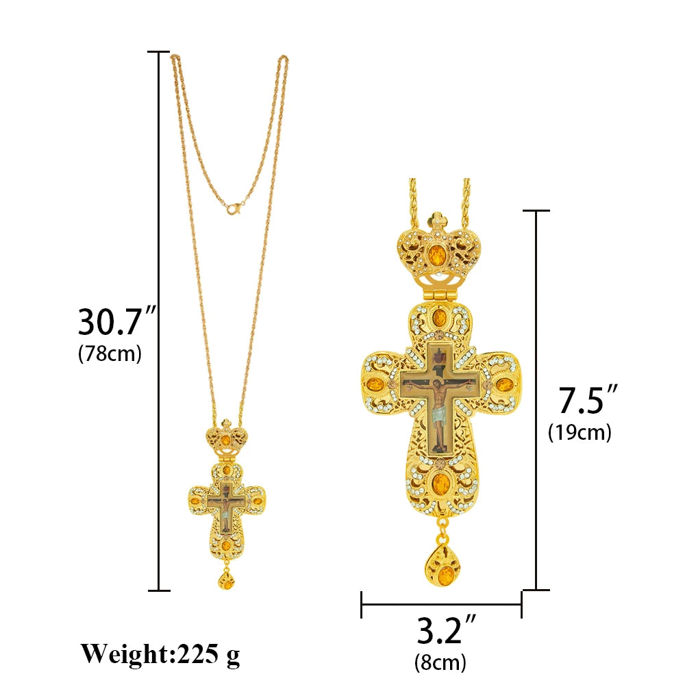 New 7.5" Crown Top Eastern Orthodox Cross Pendant Gold Plated Yellow Gemstones and Rhinestones Luxury Gift Box for Priest Gift