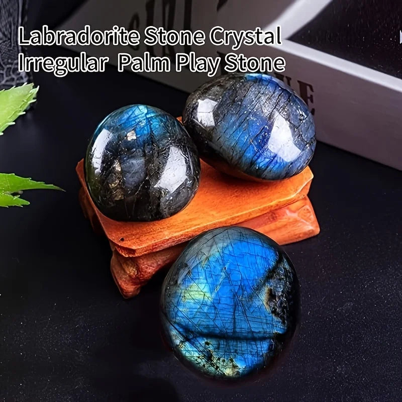 1pc natural labradorite palm stone - hand-polished oval massage and worry stone, iridescent blue hue