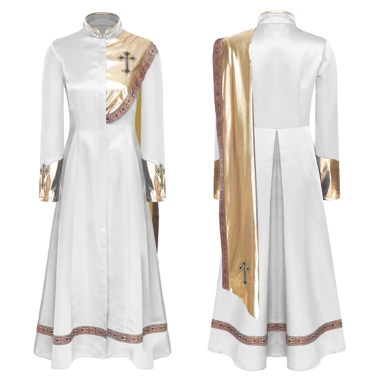 Women Pastor Robe Cassocks Long Sleeve Cross Print Priest Vestment Church Choir Gown Halloween Catholic Clergy Cosplay Costume