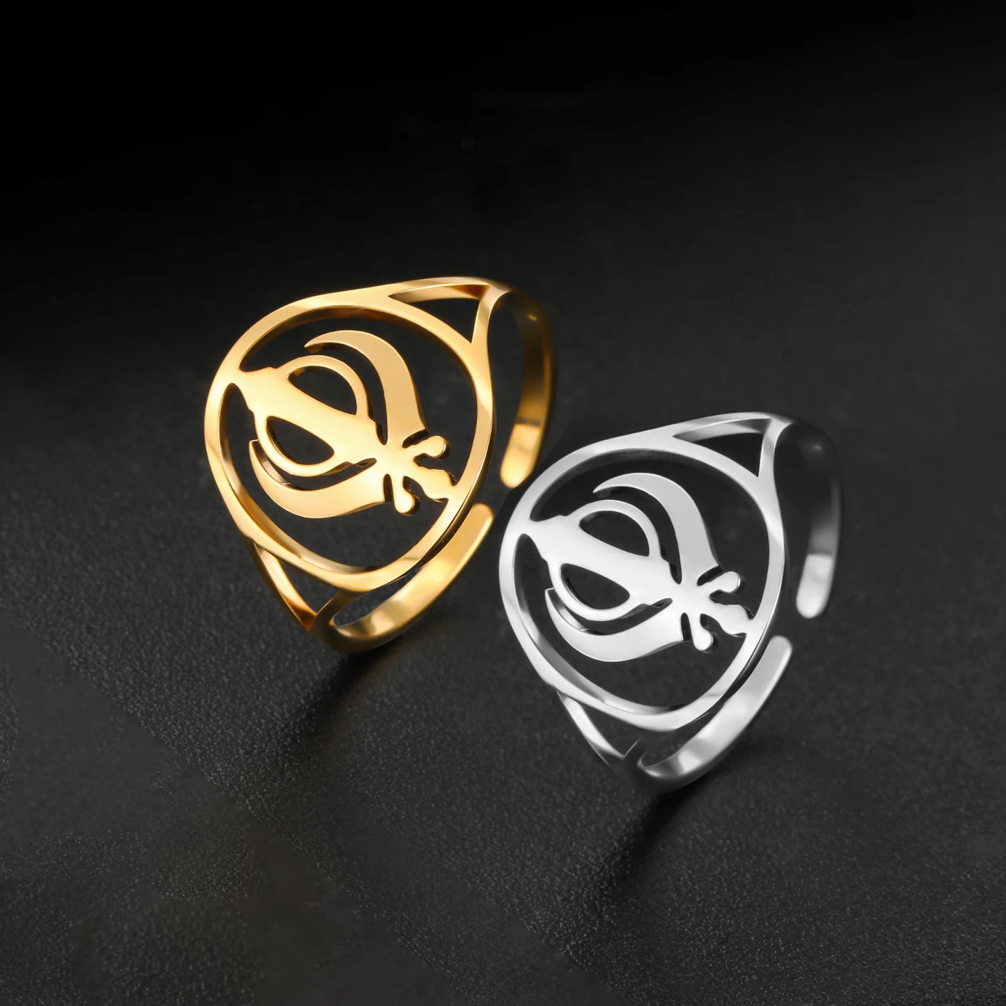Hollow out Sikh symbol ring, stainless steel adjustable ring, sickle element, fashionable jewelry gift