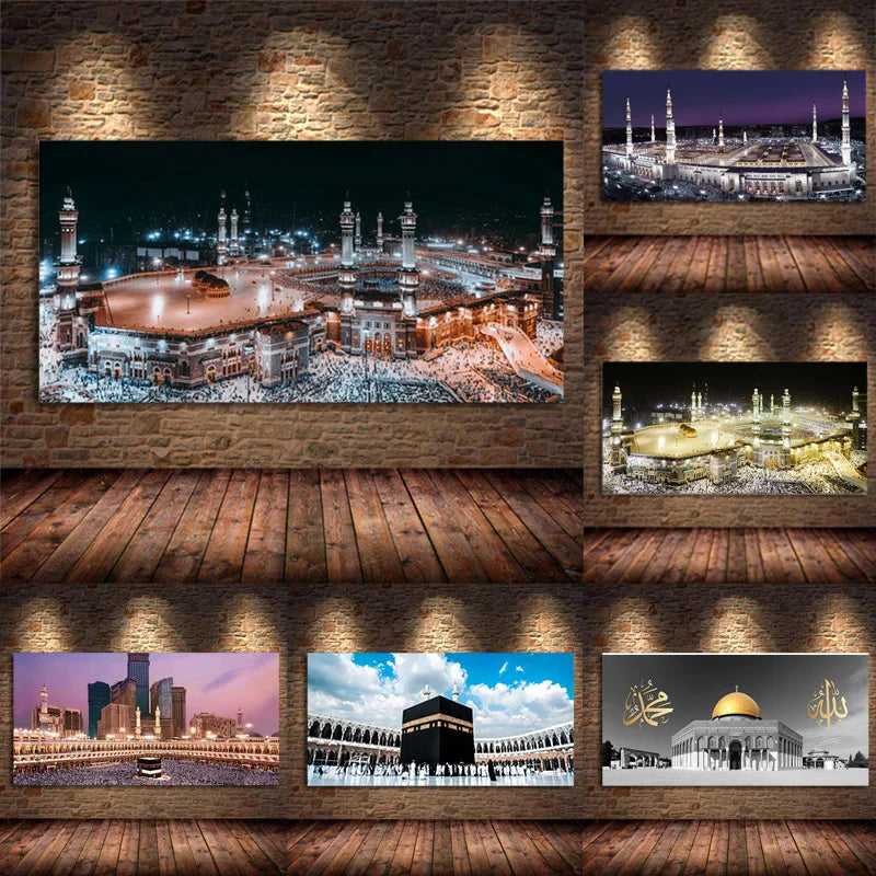 Holy City Mecca Islamic Sacred Landscape Muslim Mosque Canvas Paintings Poster and Print Wall Art Pictures for Living Home Decor