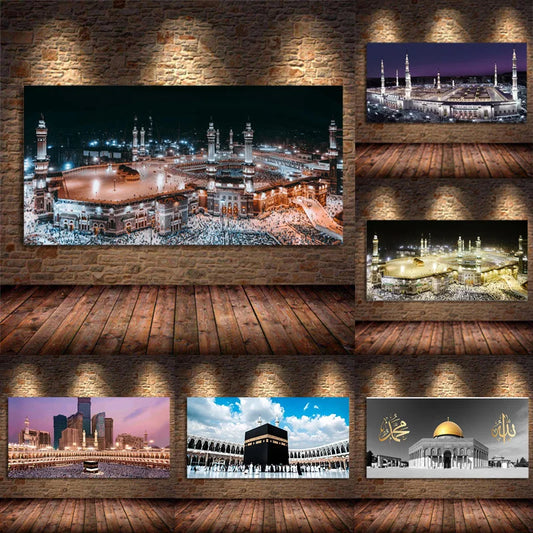 Holy City Mecca Islamic Sacred Landscape Muslim Mosque Canvas Paintings Poster and Print Wall Art Pictures for Living Home Decor