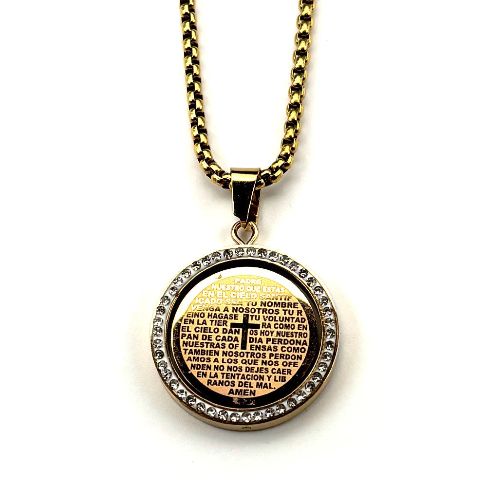 The Lord's Prayer God Jesus Cross Bible Spainsh Verse Necklace for Women Men Stainless Steel Crystals Chain Rotatable Jewelry