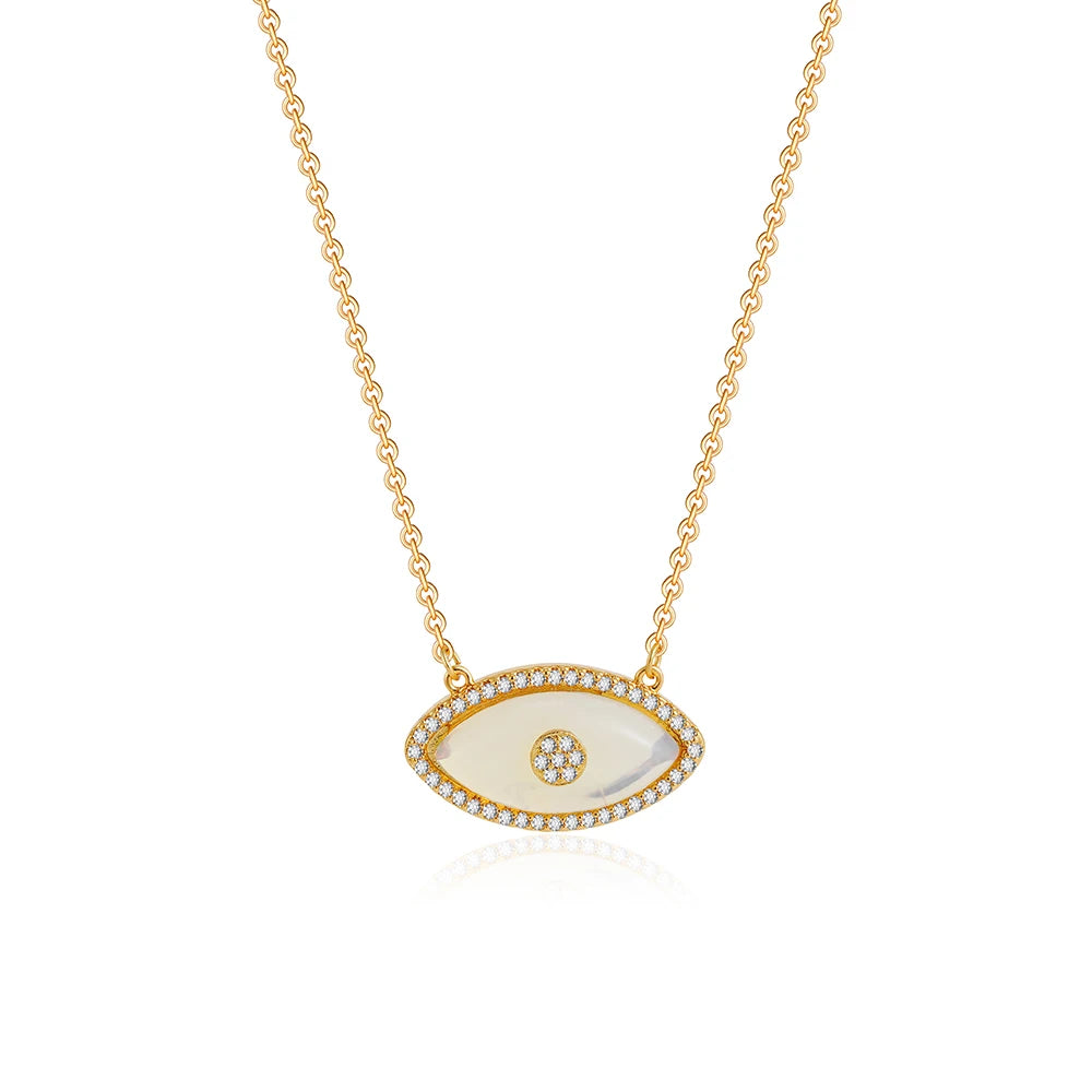 Luxury Natural Stone Evil Eye Pendant Necklace Inlaid Zircon Fashion Stainless Steel Clavicle Chain Jewelry Party Gift for Women