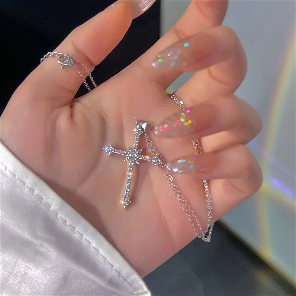 2025 Elegant Crystal Cross Pendant Necklace Silver Color Star Ladies Necklace Fashion Party Jewelry Women Gift Wholesale