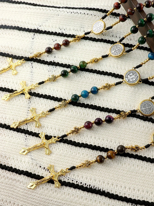 2026 new 1PCS handmade combination multi-color retro natural stone religious cross necklace jewelry suitable for various occasio