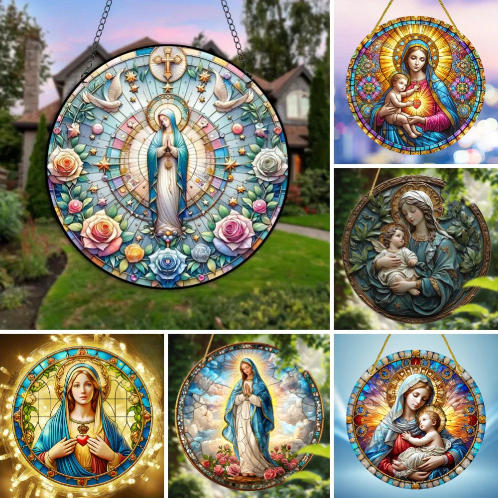 Virgin Mary Suncatcher - Round Acrylic Wall Art, Stained Style Hanging Decor, Ideal for Living Room, Bedroom,Perfect Family Gift