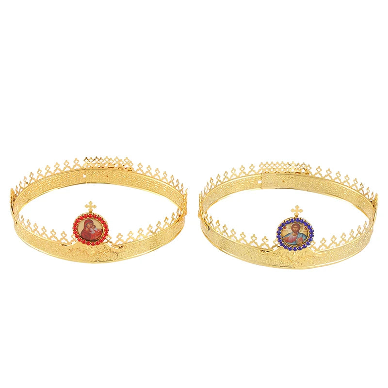 Gold Plated Orthodox Wedding Crown with Virgin Mary Icon for Church Liturgy Marriage Ceremony Christian Religious Gift