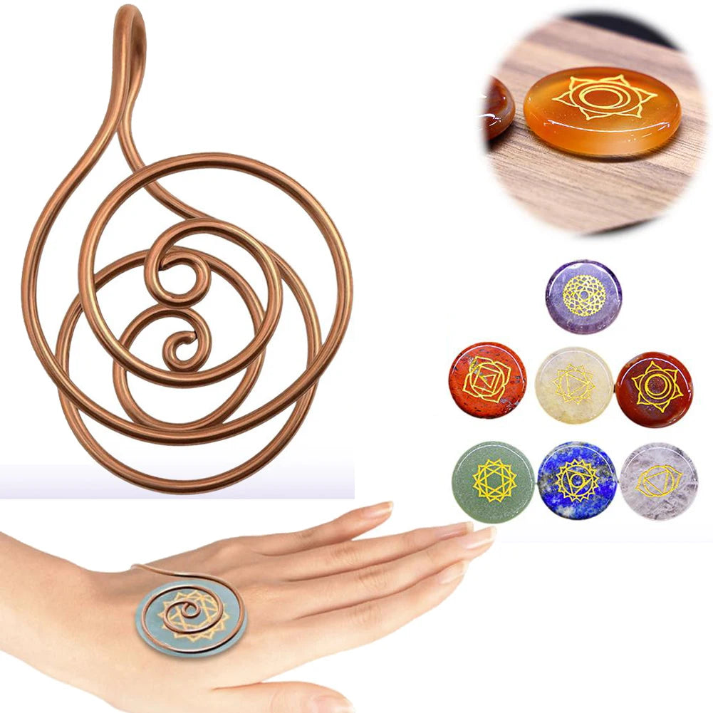 Adjustable Copper Palm Ring Reiki Spiral Hand Rings For Meditation Energy Healing With Stone For Crystal Work, Chakra Balancing