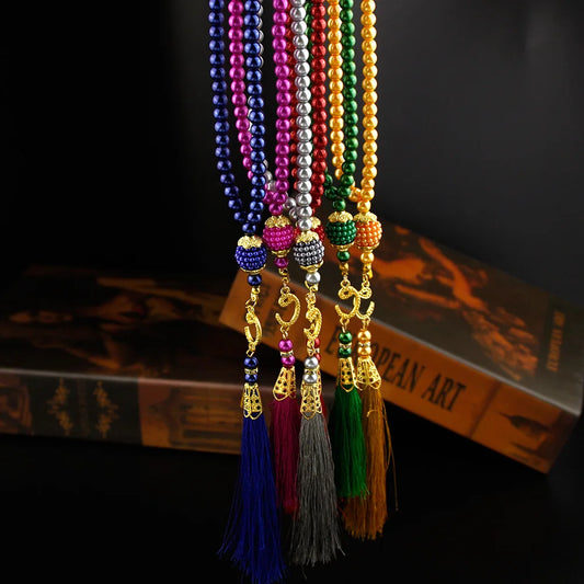 Sunspicems Allah Mohammed Rosary Bracelets TASBIH Muslim Prayer Beads Turkish Style 99 Beads Glass Pearls Charm Bracelets Gift