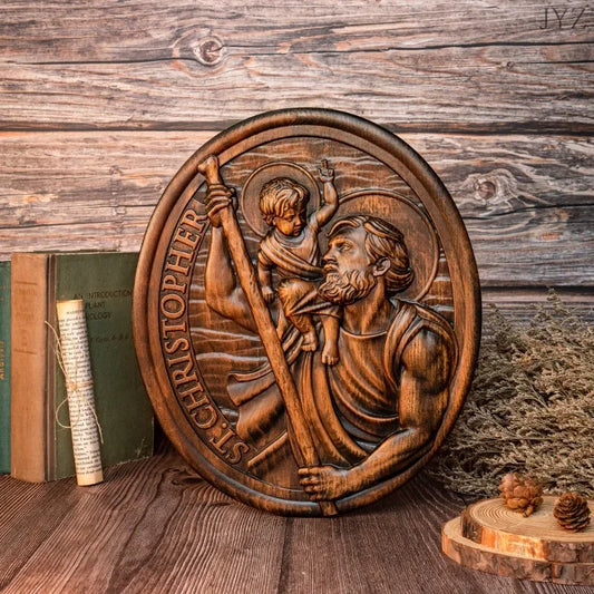 Vintage St. Christopher Wood Carving Plaque, Patron Saint Statue Sculpture Home Wall Decor
