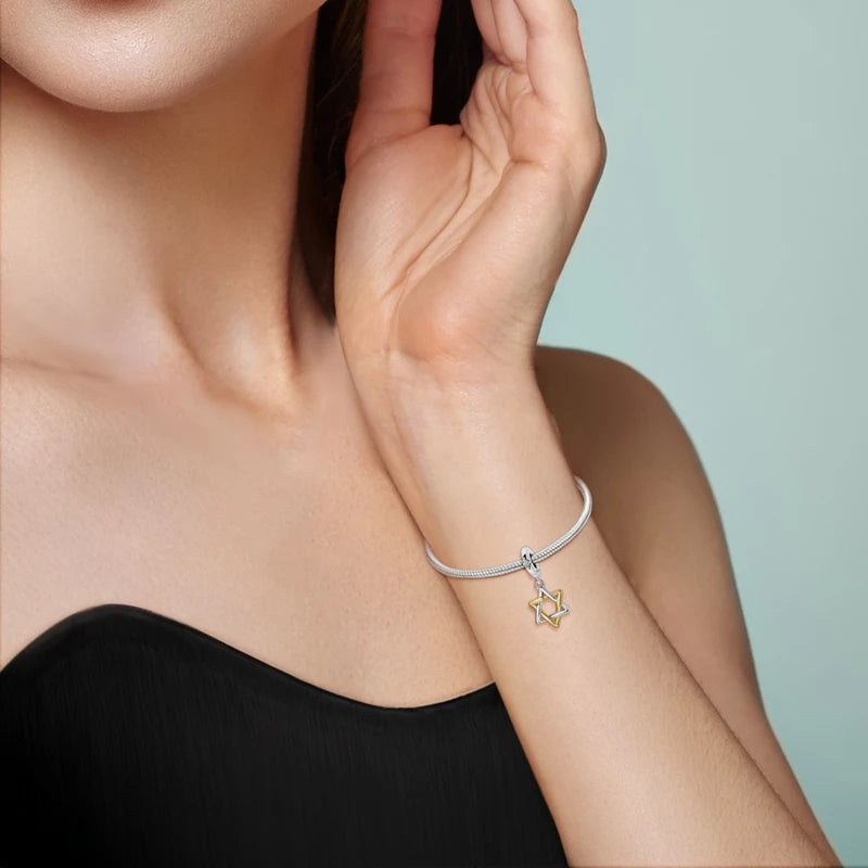 925 Sterling Silver Hexagram Star of David Pendant Jewish Bless Charm Fit Original Charm Bracelets Women DIY Jewelry Gift