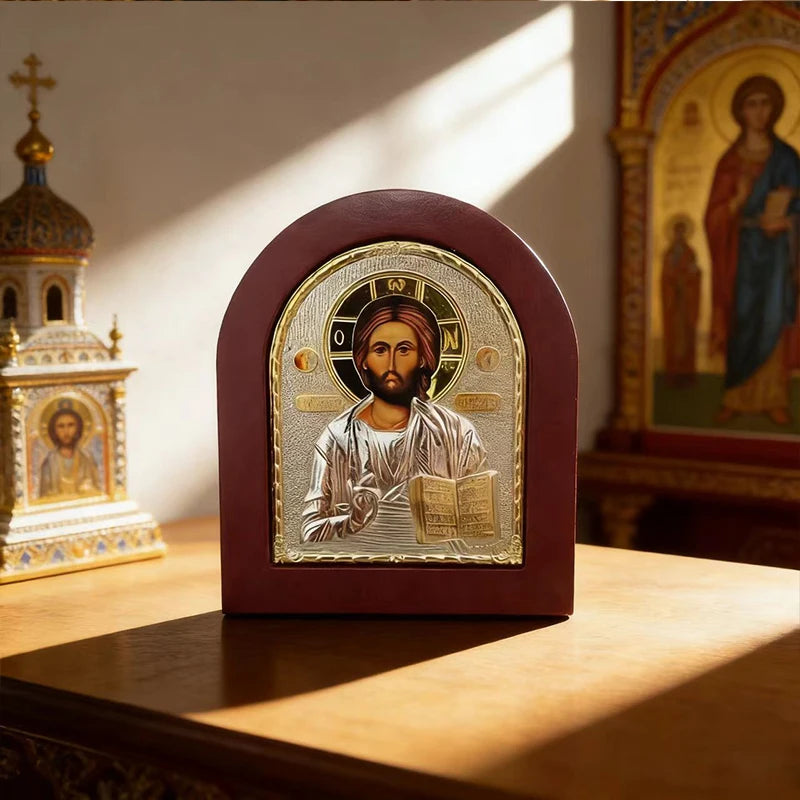 Jesus Christ Pantocrator Orthodox Icon Silver Plated Wooden Religious Wall Decor Christian Altar Prayer Home Decoration 13x11cm