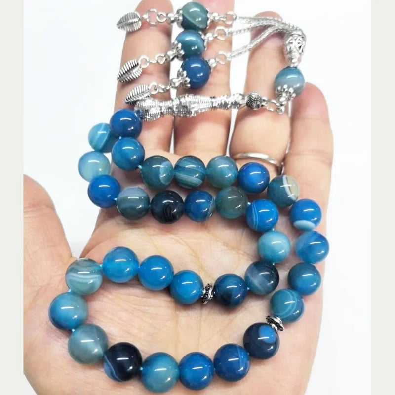 33pcs10mm blue agate beads natural stone material Muslim rosary daily bracelet TASBIH, Middle East high-end worship prayer brace