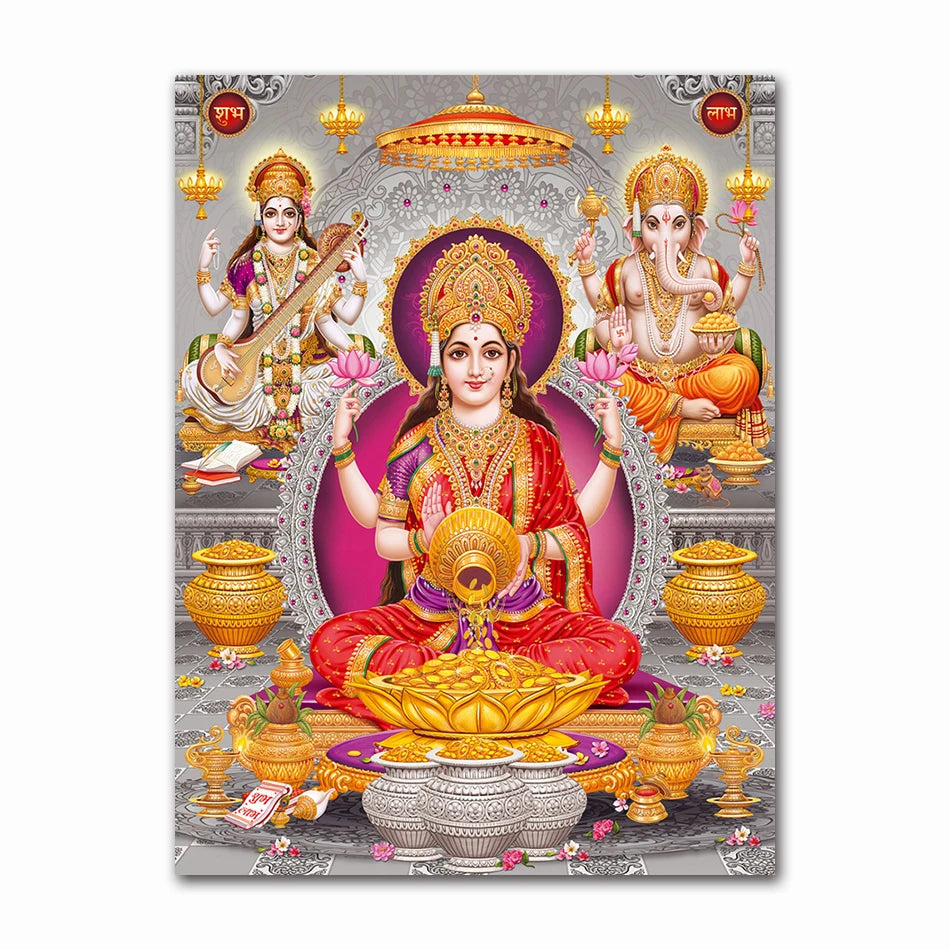 India Hindu Golden Ganesha Temple Poster Shiva Parvati Painting Canvas Prints Elephant God Religion Picture Room Hoom Wall Decor