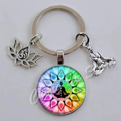 Indian Buddha Meditation 7 Chakra Mandala Psychedelic Yoga Glass Cabochon Keychain Ornament