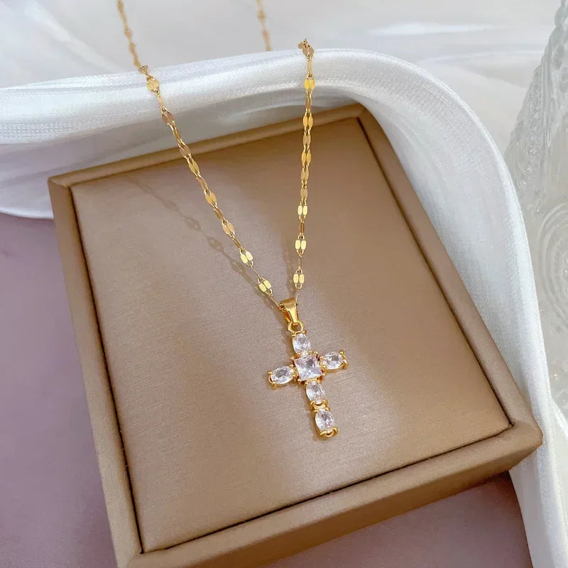 Exquisite Gold Color Stainless Steel Inlaid Crystal Cross Pendant Necklace for Women Men Luxury Full of Zircon Chokers Jewelry