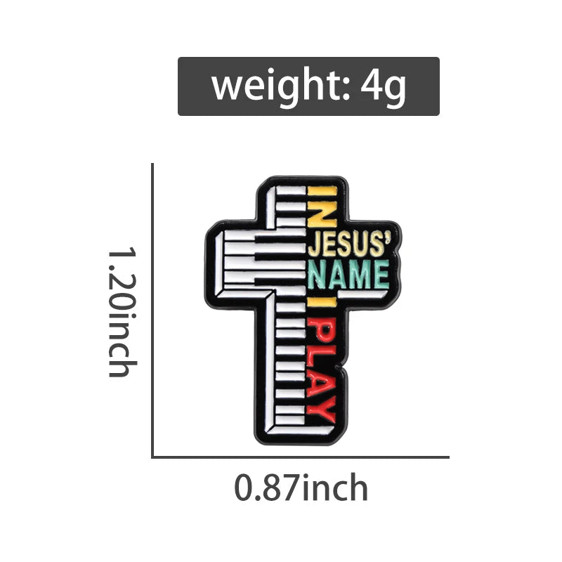 In Jesus Name I Play Enamel Pins Creative Cross Piano Christian Brooches Metal Lapel Badge Clothes Backpack Believers Jewelry
