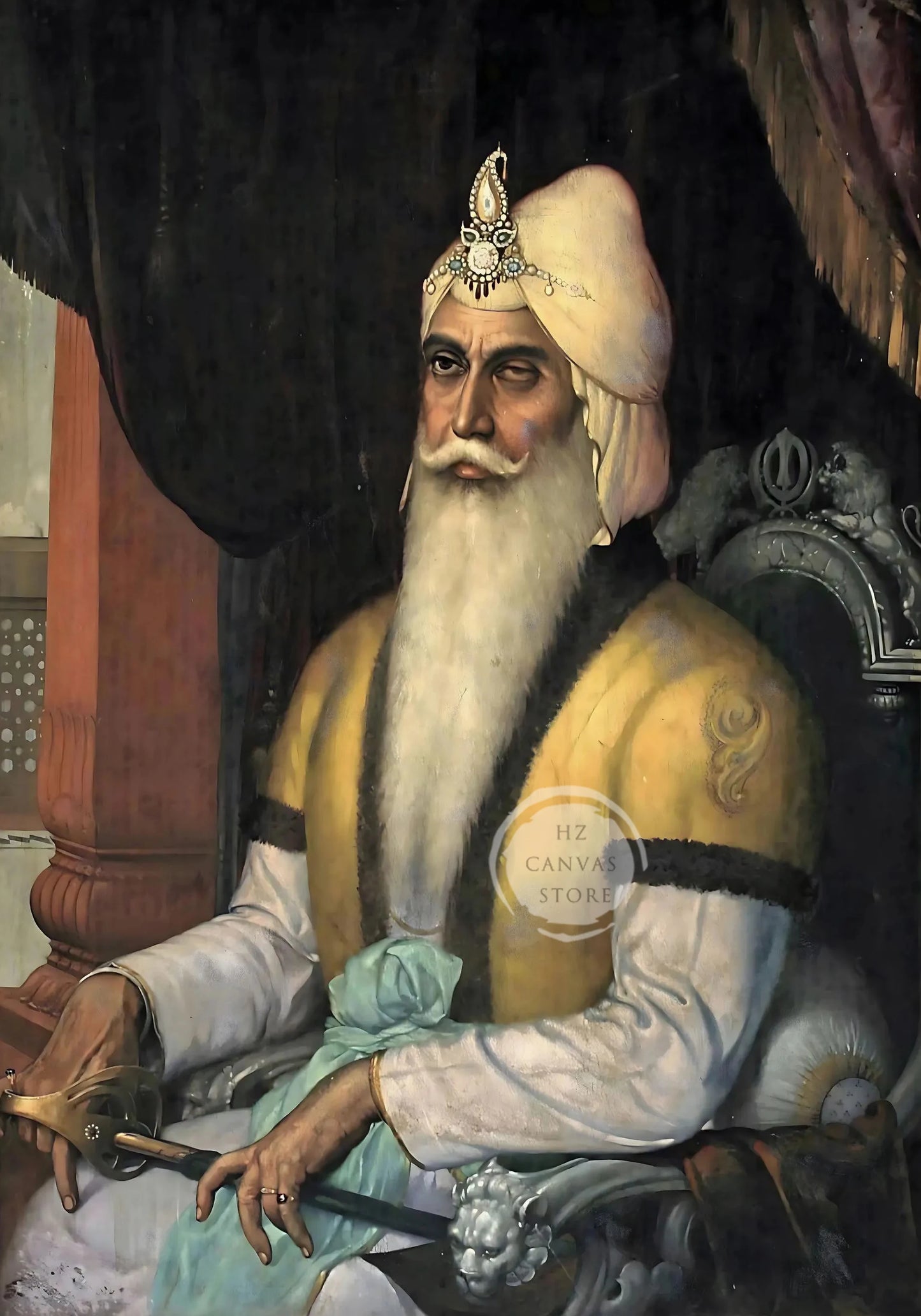 Sikh Historical Art Print of Guru Nanak Dev, Guru Ram Das, Baba Deep Singh & Maharaja Bhupinder Singh Vintage Devotional Poster