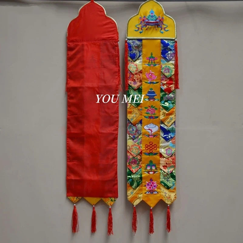 1Pcs Tibetan-Style Flags,Embroidered Eight Auspicious Symbols Pattern Hanging Banner,Nepal Temple and Chapel Altar Prayer Flag