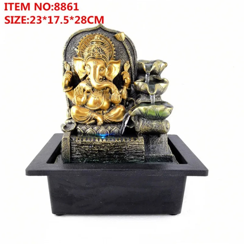 JC Indian Elephant God Buddha Statue Water Scene Crafts Resin Fountain Ornament
