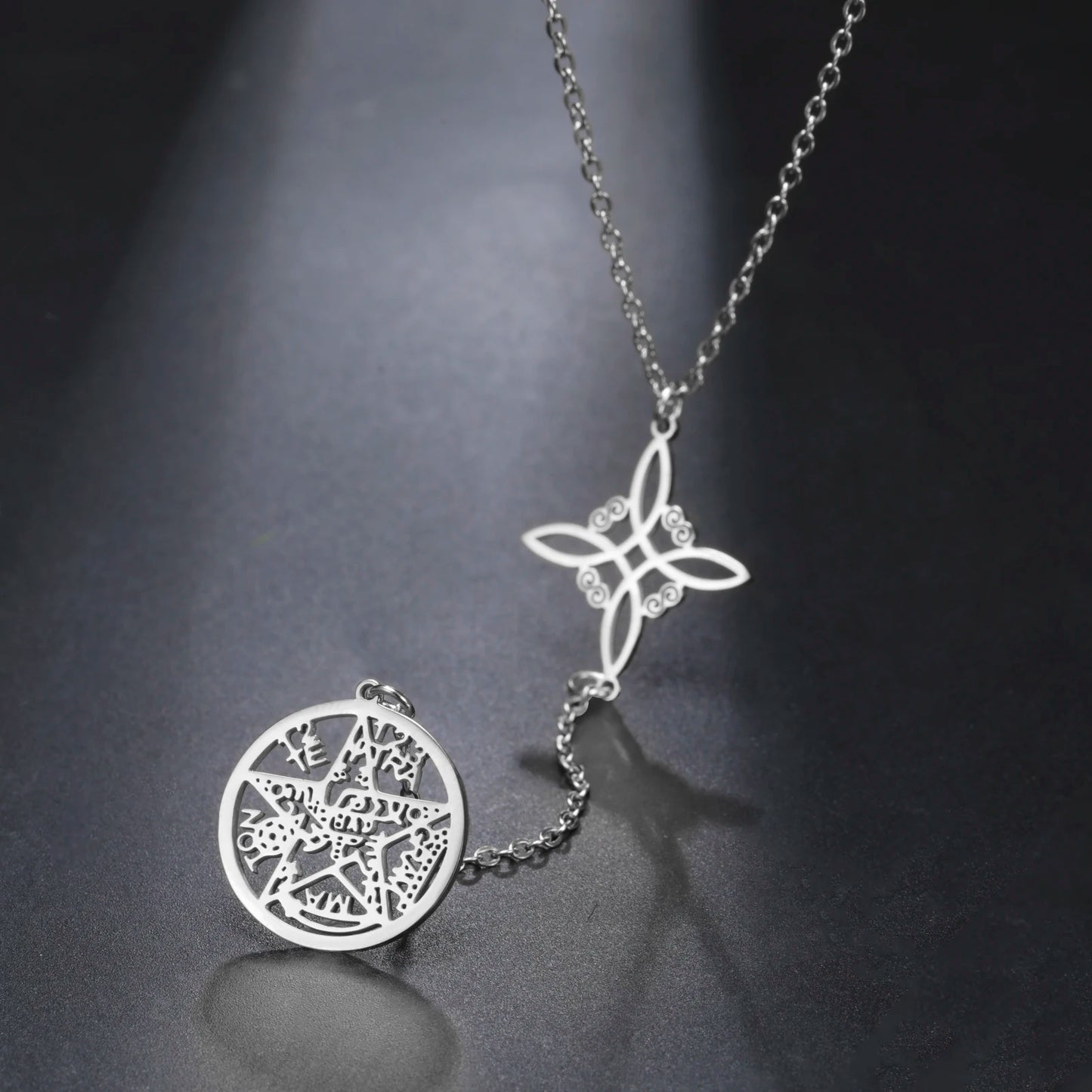 Double Amulet Protection Necklace witch Knot Pentagram Tetragrammaton Stainless Steel Protection Jewerly Wholesale