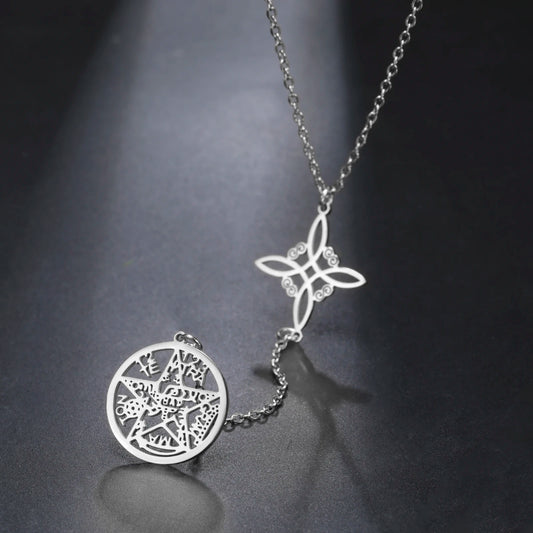 Double Amulet Protection Necklace witch Knot Pentagram Tetragrammaton Stainless Steel Protection Jewerly Wholesale