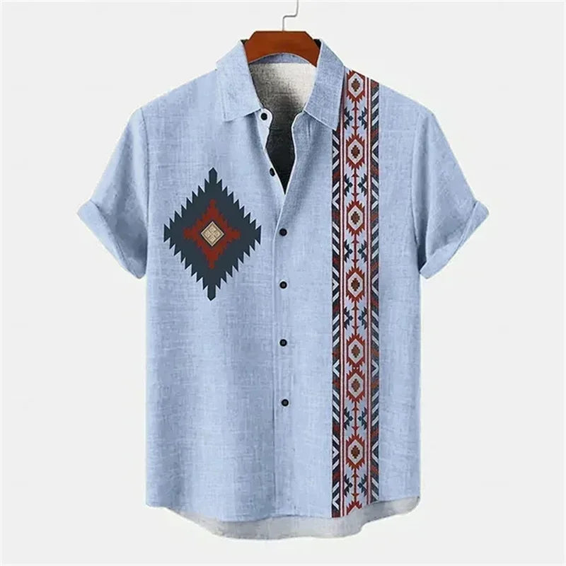 Men's shirt ethnic style 3D printing henley shirt, men's fashion button down collar short sleeve, high quality men's tops