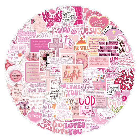 10/55/110PCS Pink Bible Christian Stickers Cartoon Jesus Loves You Decal For Laptop Phone Guitar Cup Waterproof Sticker Kid Toys
