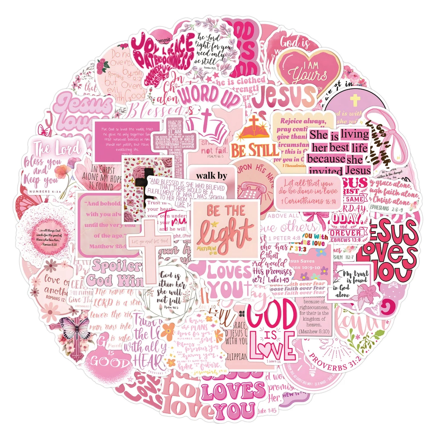 10/55/110PCS Pink Bible Christian Stickers Cartoon Jesus Loves You Decal For Laptop Phone Guitar Cup Waterproof Sticker Kid Toys