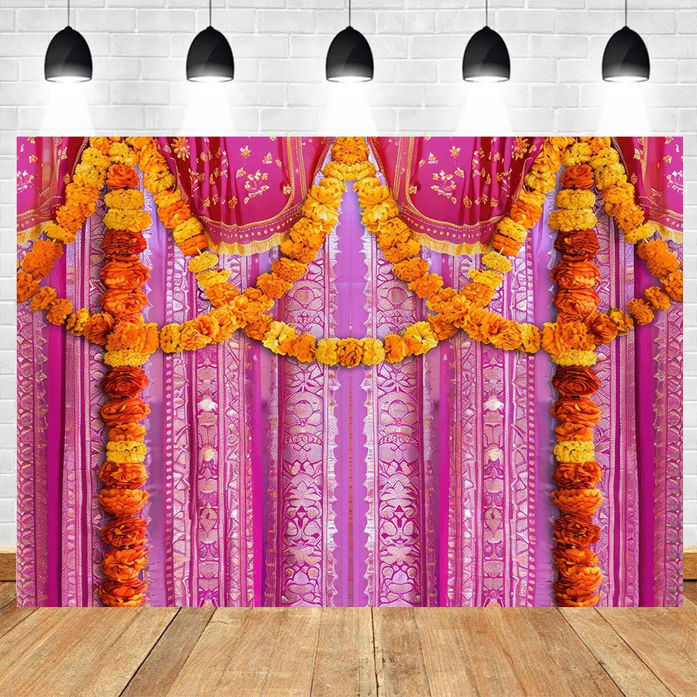 Indian Traditional Photography Background Marigold Green Leaf Hindu Indian Wedding Holi Flowers Garland Anniversary Backdrops