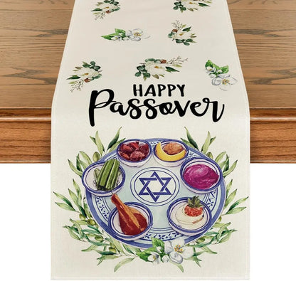 Happy Passover Linen Table Runner Holiday Party Decor Jewish Pesach Seder Plate Flowers Dining Table Runners Passover Decoration