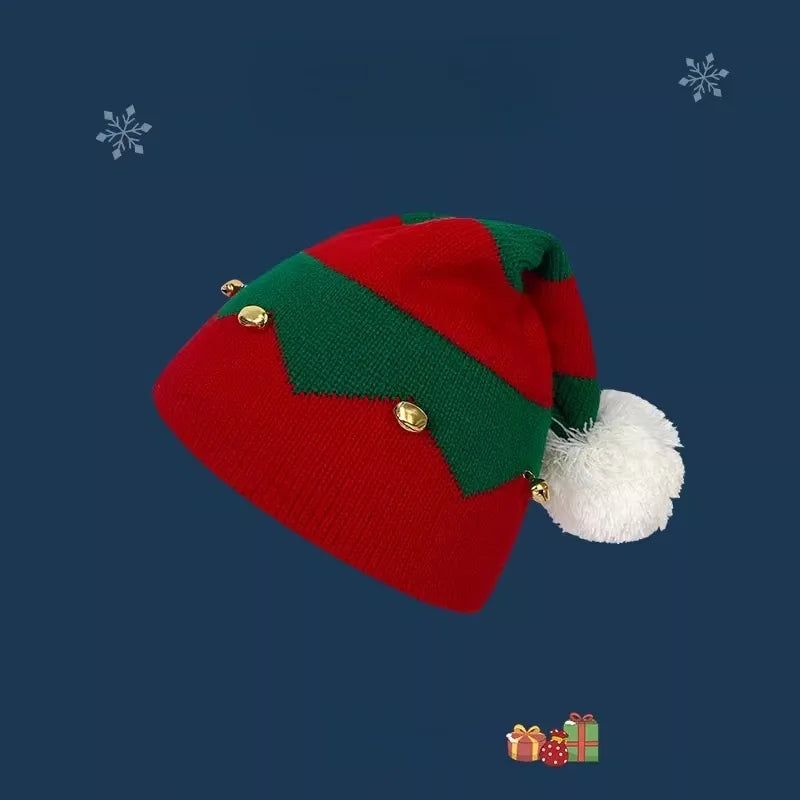 Christmas Knitted Wool Hat For Mother And Kids Red Color-Block Design, With Bells, Festive Christmas Hat For Winter