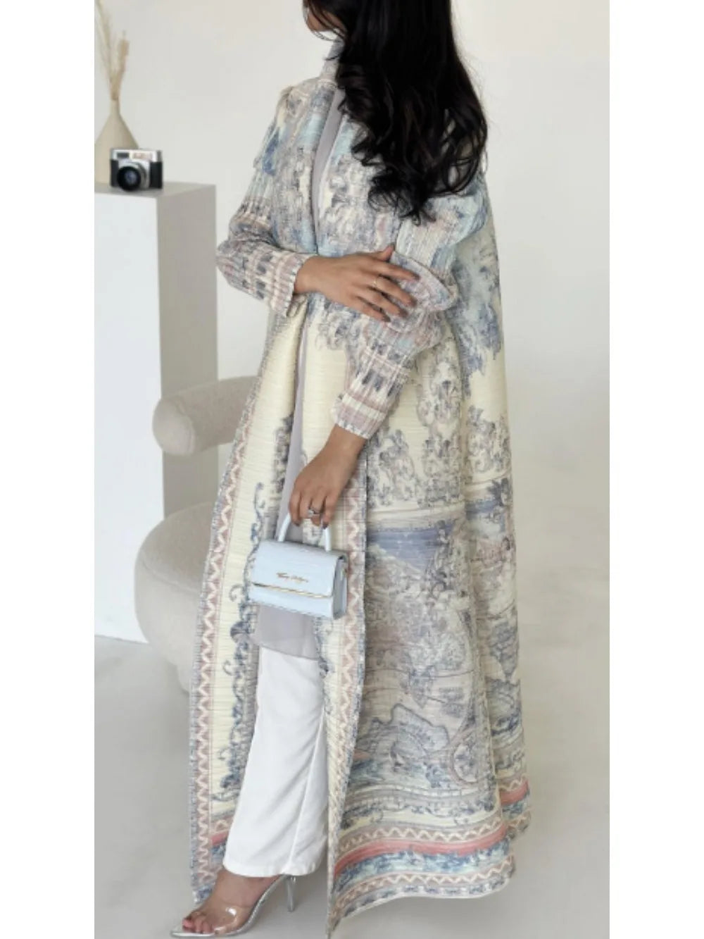 Muslim Pleated Abaya Stretch Open Dress Dress Women Eid Maxi Caftan Cardigan Robe Print Dubai Kaftan Islam Vestidos Jalabiya
