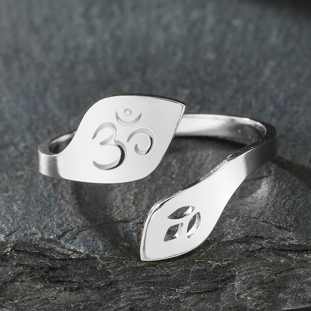 Dawapara Buddhism Spiritual OM Ohm Symbol Adjustable Ring Spiral Sacred Geometry Finger Ring Stainless Steel Jewelry