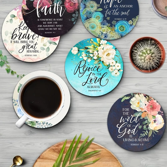 6 pcs 2D 4in Wooden Coasters Bible Verses and Floral Patterns Theme Desktop Insulation Mats Home Decor Coffee Mug Coasters