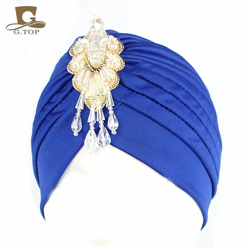 NEW Luxury Divas Stretchable turban Head wrap hat with beaded pendant women Headwear