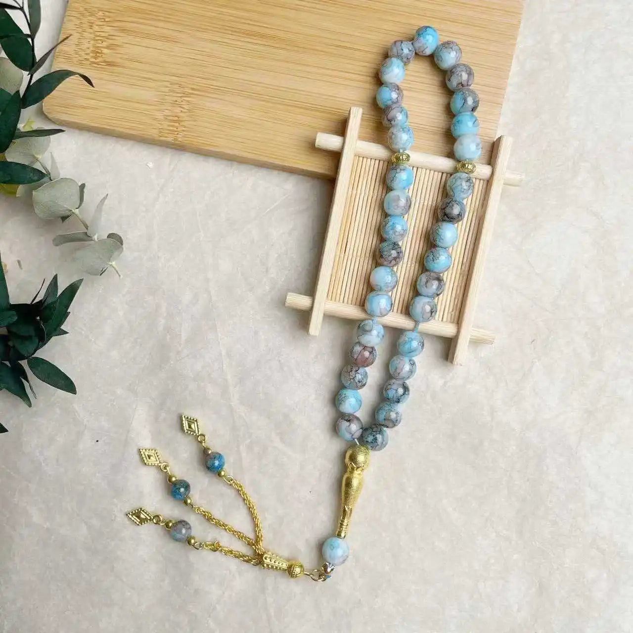 10mm Large Flower Beads 33pcs Glass Prayer Beads Muslim Tasbih Golden Tassel Handmade Rhombus Shape Retro Style Jewelry