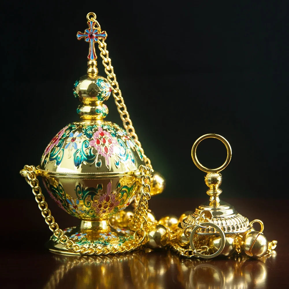 HTISOK Eastern Orthodox Church Censer with Bells Gold Plated Thurible with Enamel for Religious Rituals Church Hanging Censer