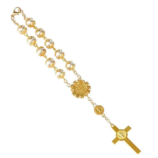 A52E One Decade Auto Rosary Beads Catholic Bracelet Saint Benedict Crucifix Divine Mercy Gift for Women Men