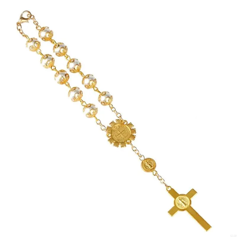 A52E One Decade Auto Rosary Beads Catholic Bracelet Saint Benedict Crucifix Divine Mercy Gift for Women Men