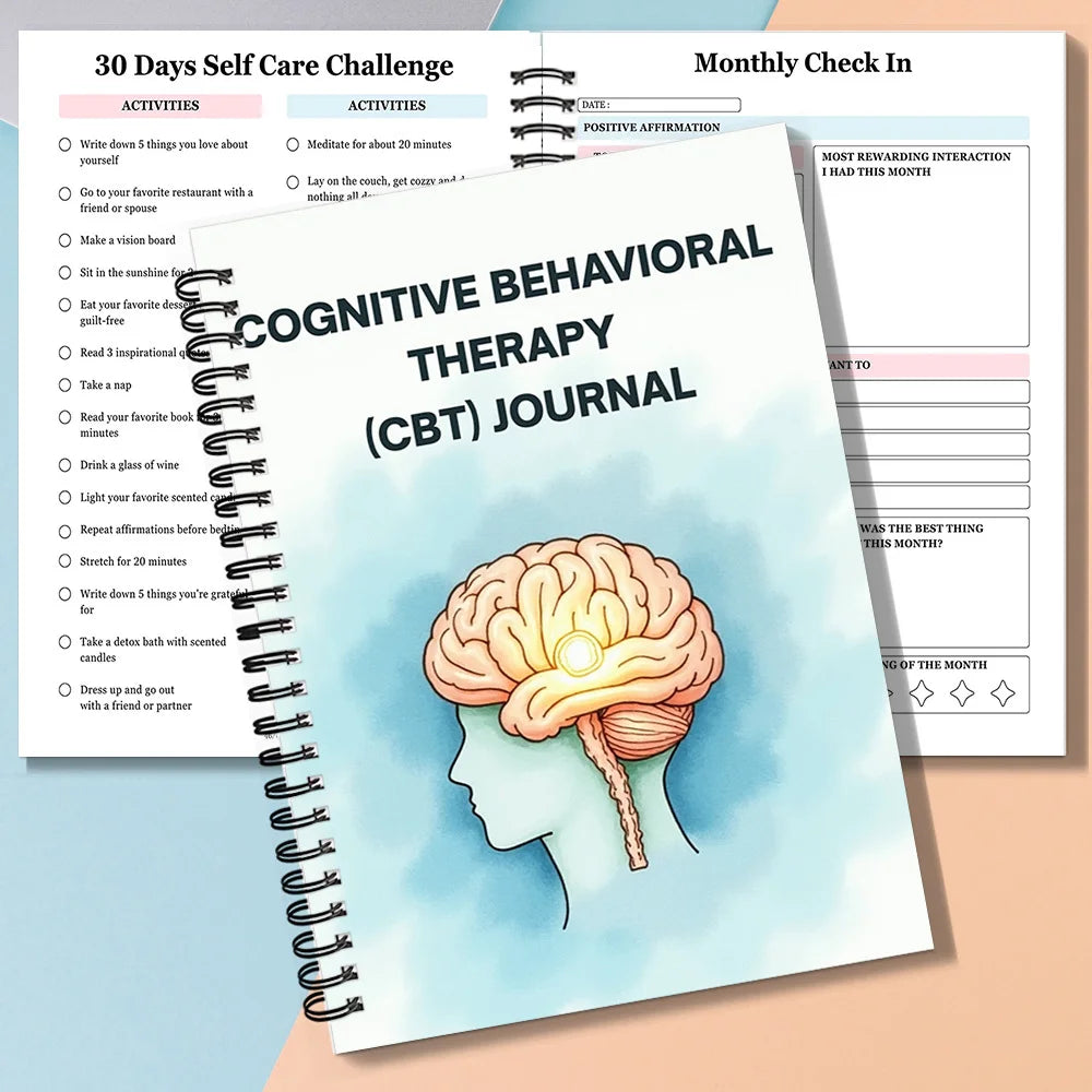 1SET Spiral Notebooks CBT Therapy Emotional Wellness Journal, Brain-Illustrated Mental Health Notebook, Spiral Binding, Cognitiv