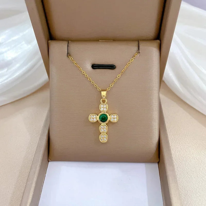 Exquisite Gold Color Stainless Steel Inlaid Crystal Cross Pendant Necklace for Women Men Luxury Full of Zircon Chokers Jewelry