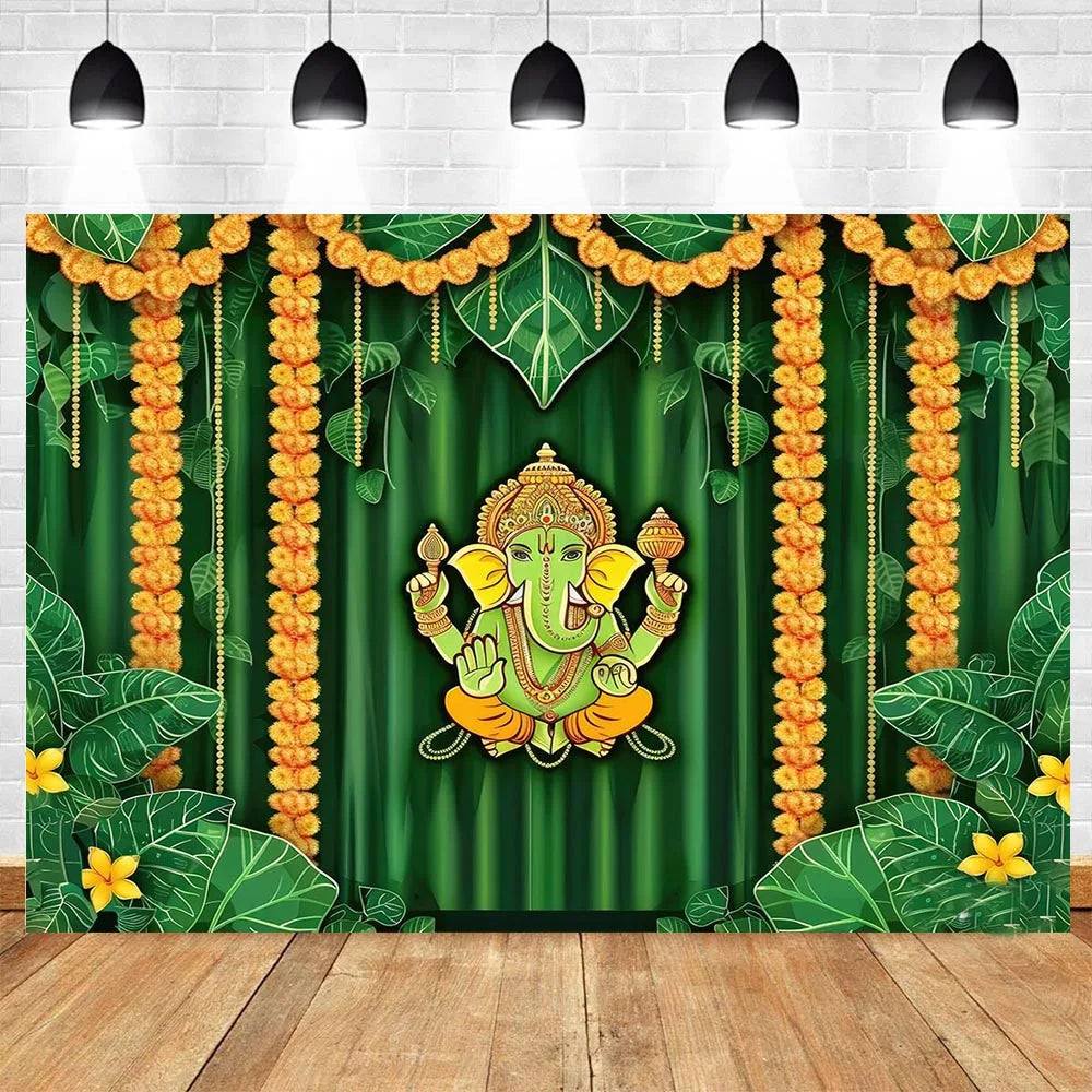 Indian Traditional Photography Background Marigold Green Leaf Hindu Indian Wedding Holi Flowers Garland Anniversary Backdrops