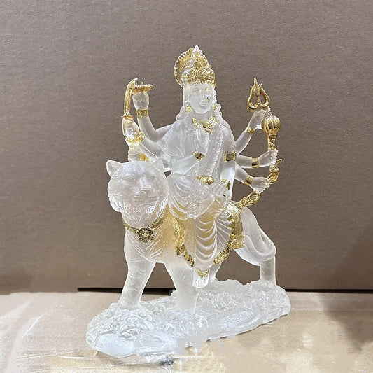 Indian Goddess Durga Statue - Resin Water Glass Figurine Riding Tiger & Lion for Worship