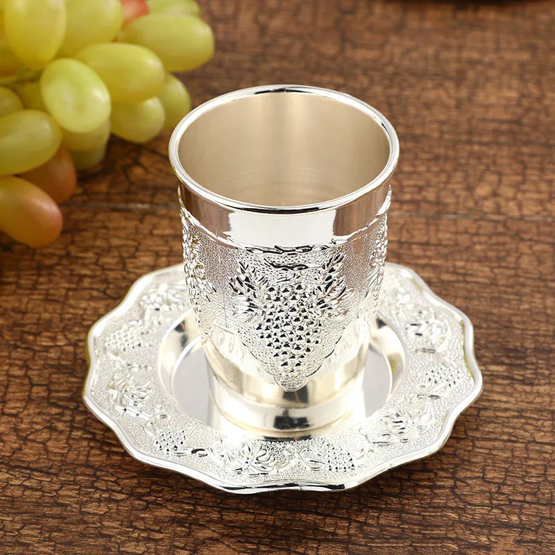 Silver Plated Kiddush Cup Nickel Plated Wine Cup with Saucer Jewish Shabbos Goblet Passover for Havdalah Passover Gift
